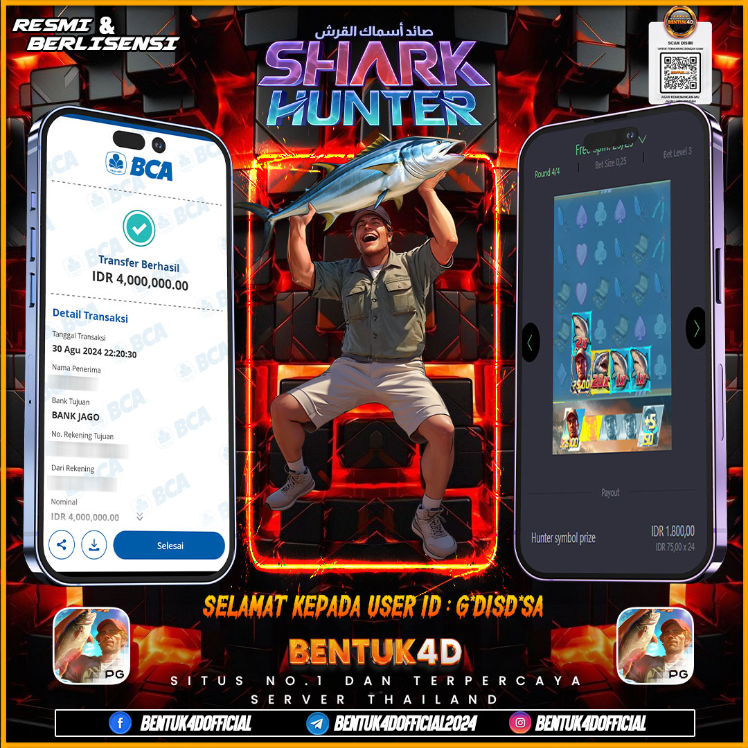 SELAMAT KEPADA USER ID : G*DIS*SA ATAS KEMENANGAN GACORNYA DI BENTUK4D !!!! SUDAH PASTI GAK BAKAL NYESAL MAIN DI BENTUK4D BOSKUU WALAUPUN MODAL RECEH BOSKU !!! NYESAL GAK COBAIN GAME SHARK HUNTER !!!!!!