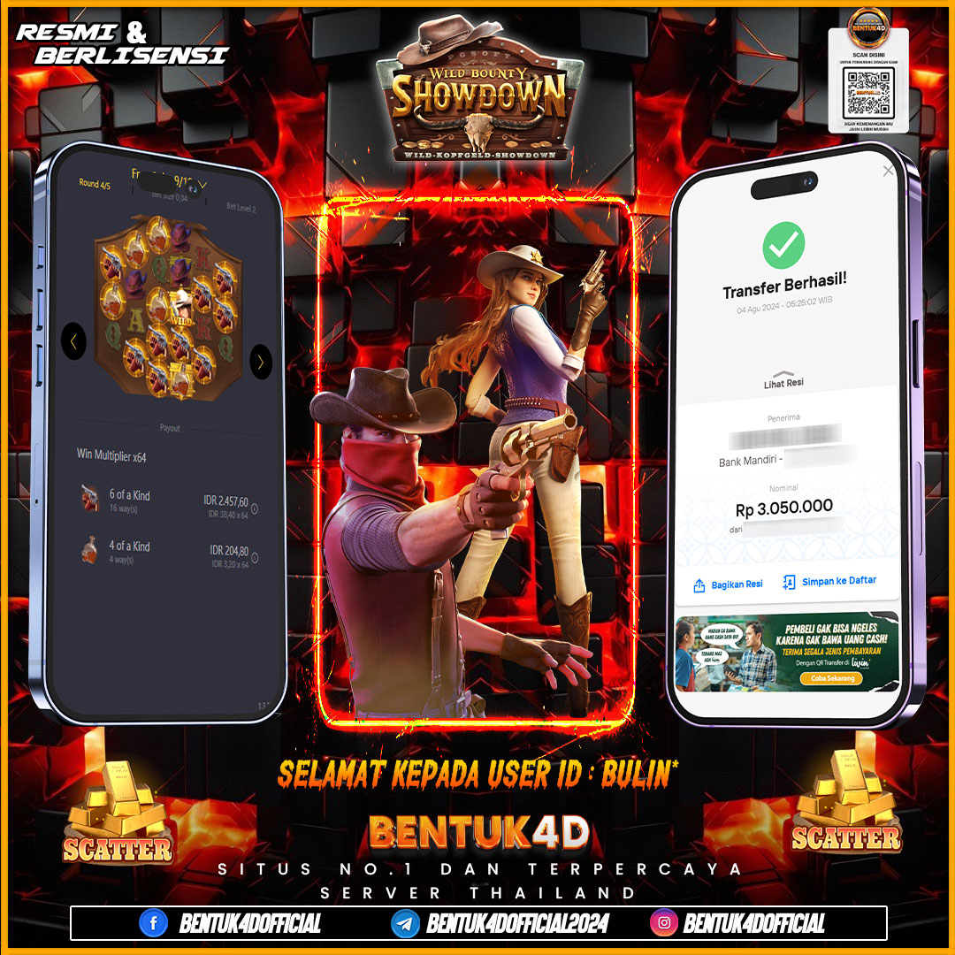 SELAMAT KEPADA USER ID : BULIN* ATAS KEMENANGAN SENSASIONALNYA DI BENTUK4D !!! JADII YANG BELUM PERNAH NGERASAIN SENSASI KEMENANGAN KOBOY BURUAN MAININ SALAH SATU GAME THE BEST DI BENTUK4D WILD BOUNTY SHOWDOWN !!! PERKALIANNYA GAK BERHENTI - HENTI BOSKU !!!!!!