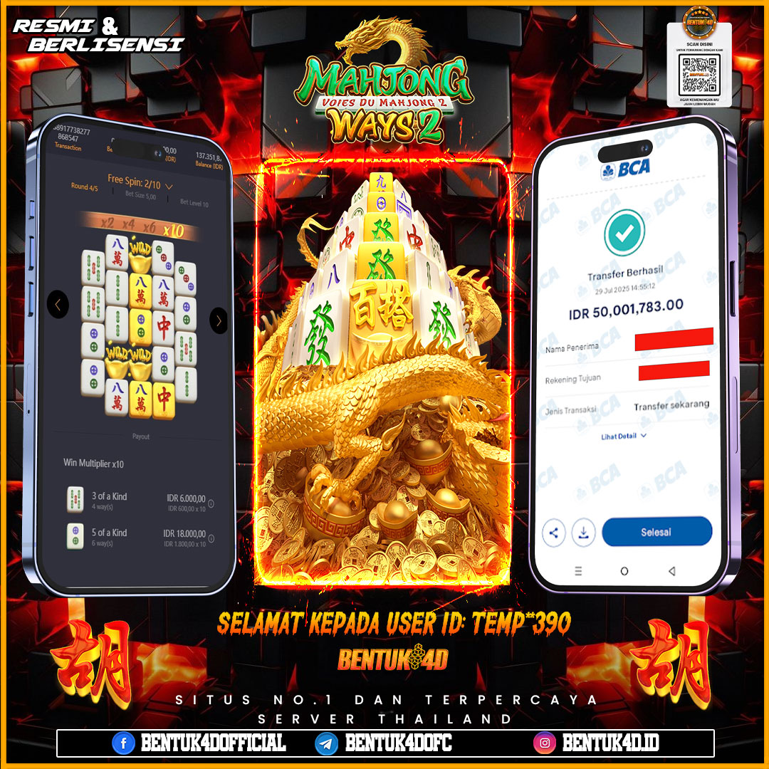 SELAMAT KEPADA USER ID : TEMP**390 WD PAUS SEBESAR Rp 50,001,783,- BUKTIKAN LANGSUNG BOSKU MAIN DI BENTUK4D !! LANGSUNG DI KASI MAXWIN !!!