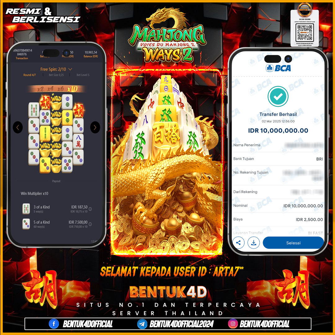 SELAMAT KEPADA USER ID : ARTA7** WD PAUS SEBESAR  Rp10,000,000,- BUKTIKAN LANGSUNG BOSKU MAIN DI BENTUK4D !! LANGSUNG DI KASI MAXWIN !!!