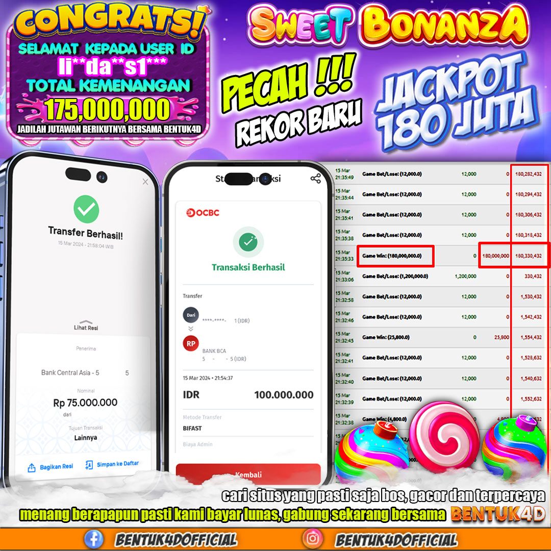 BENTUK4D JACKPOT SLOT SWEET BONANZA Rp180.000.000,- LUNAS